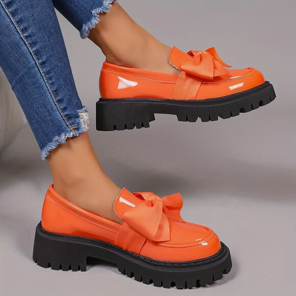 Orange Patent Platform Loafers with Bow | Chunky Lug Sole Slip-On Statement Shoe - Picture 5 of 7